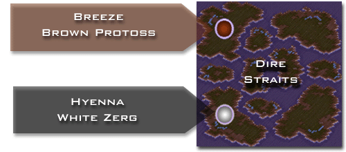 Breeze is Brown Protoss, Hyenna - White Zerg. The game is on Dire Straits