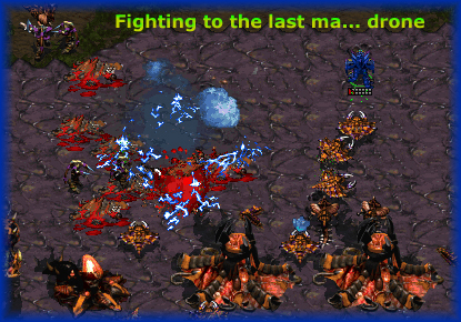  Note that fox put sunken colonies near all of his major mining sites during early game. This set up makes an assault on the 6:00 expansions very costly